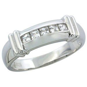 Sterling Silver Mens CZ Wedding Band Ring